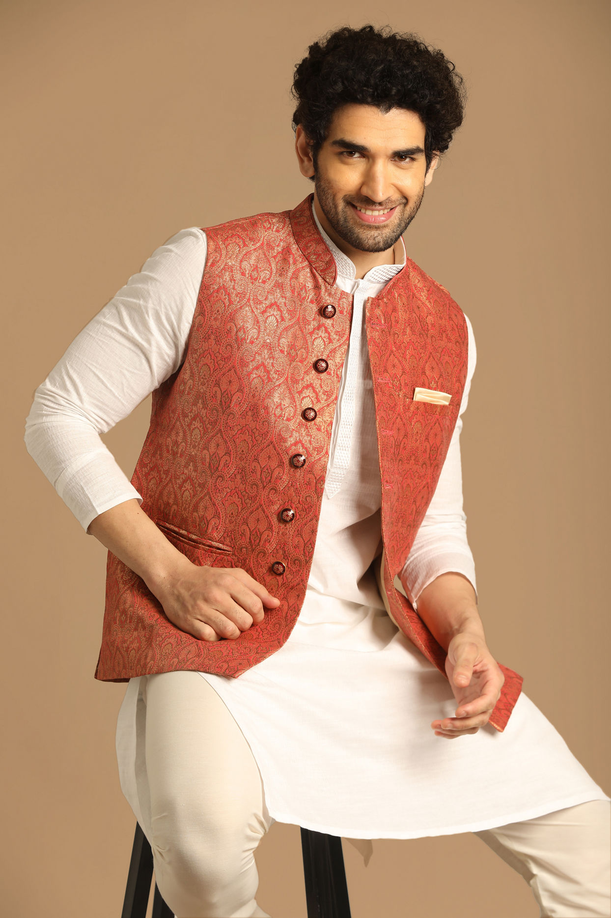 alt message - Manyavar Men Rust Self Design Jacket image number 0